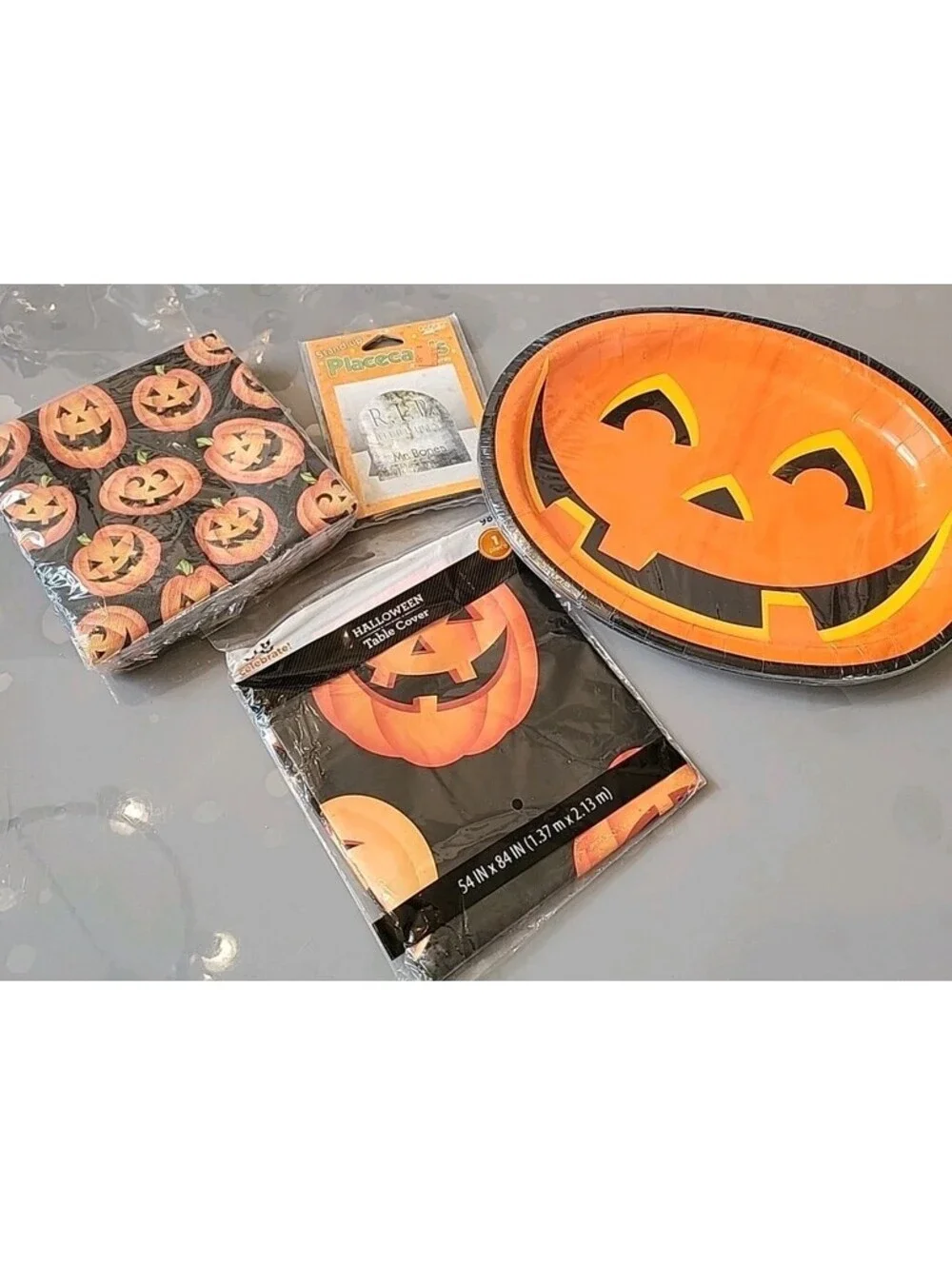 Vintage Party Set Lot Halloween Paper Plates, Tomb Names Napkins, Tablecloth NOS